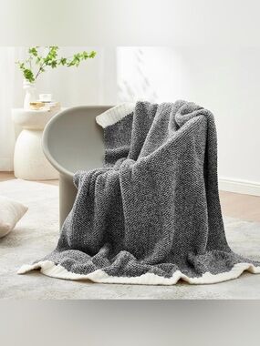 Snuggle Sac Cozy Gray Sherpa Throw Blanket - Soft Knit with Cream Sherpa Backing